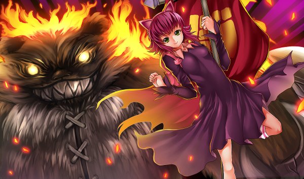 Anime picture 1200x709 with league of legends annie (league of legends) tibbers (league of legends) looking at viewer short hair smile wide image green eyes pink hair grin girl dress socks flag striped socks bear
