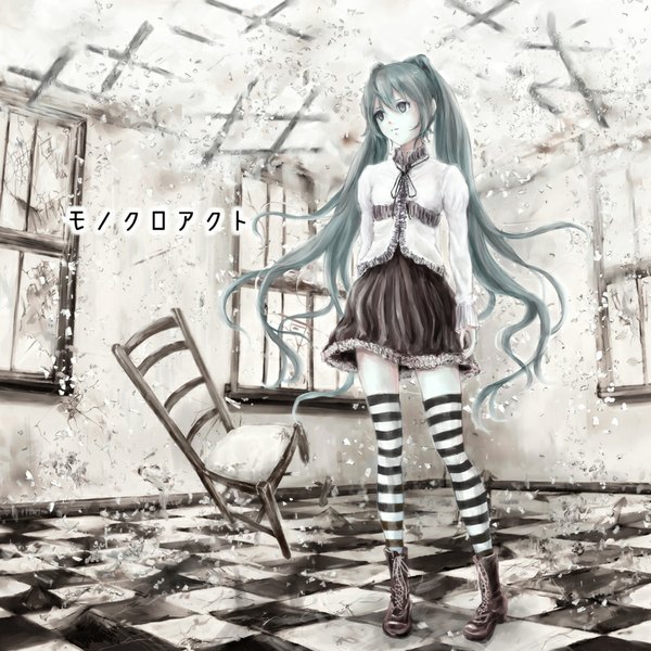 Anime picture 1000x1000 with vocaloid hatsune miku nuwanko single long hair blush twintails green eyes looking away green hair pale skin checkered floor girl thighhighs skirt shirt boots window striped thighhighs chair