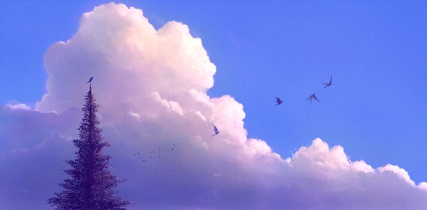 Anime picture 1440x710 with original bounin wide image sky cloud (clouds) flying plant (plants) animal tree (trees) bird (birds)