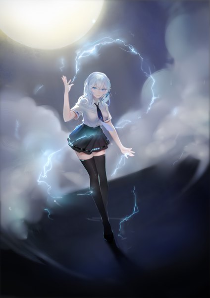 Anime picture 2480x3507 with benghuai xueyuan honkai (series) kamachi kamachi-ko single long hair tall image looking at viewer fringe highres blue eyes smile hair between eyes standing sky cloud (clouds) full body outdoors white hair arm up shadow