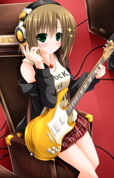 Anime picture 808x1257 with original yunagi amane single tall image looking at viewer blush short hair smile brown hair green eyes girl headphones guitar electric guitar