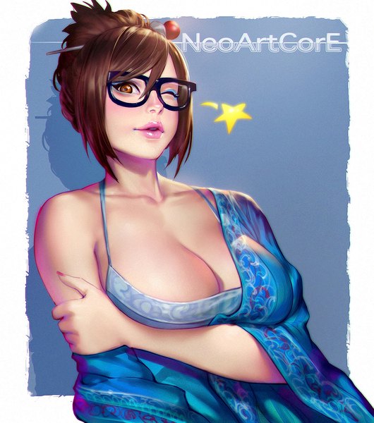 Anime picture 800x905 with overwatch blizzard entertainment mei (overwatch) nudtawut thongmai single tall image looking at viewer blush fringe short hair breasts light erotic simple background hair between eyes brown hair large breasts brown eyes signed cleavage upper body