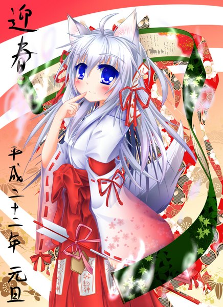 Anime picture 800x1100 with original autumn dawn single long hair tall image blush fringe blue eyes hair between eyes standing animal ears silver hair ahoge tail traditional clothes japanese clothes animal tail fox ears text finger to mouth