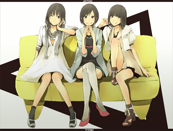 Anime picture 1189x900 with perfume (group) ayano omoto (nocchi) yuka kashino (kashiyuka) ayaka ishiwaki (a-chan) yoshito (u10) long hair short hair smile sitting multiple girls one eye closed wink black eyes arm support crossed legs girl thighhighs dress socks shoes