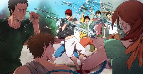 Anime picture 1639x850 with kuroko no basket production i.g kuroko tetsuya kagami taiga aida riko junpei hyuuga shinji koganei rinnosuke mitobe satoshi tsuchida kiyoshi teppei tei (artist) fringe open mouth black hair brown hair wide image standing ponytail red hair eyes closed