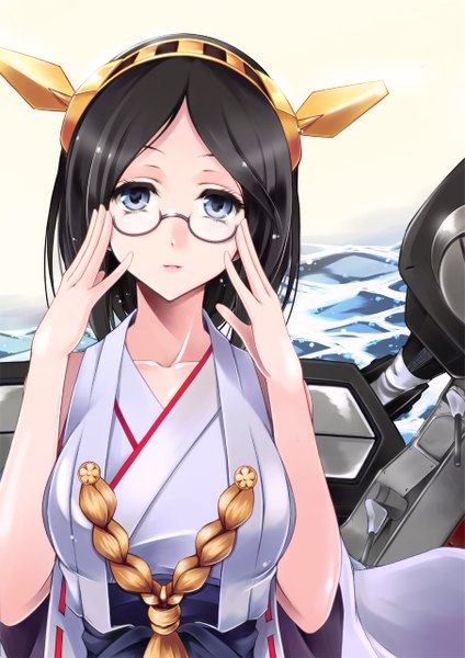 Anime picture 905x1280 with kantai collection kirishima battleship yumezakura yumemi single tall image looking at viewer short hair blue eyes black hair nontraditional miko adjusting glasses girl hair ornament weapon detached sleeves glasses