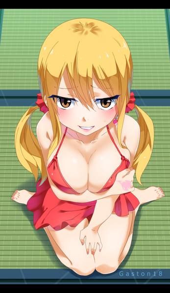 Anime picture 1051x1818 with fairy tail lucy heartfilia tongasart single long hair tall image looking at viewer blush breasts light erotic blonde hair large breasts sitting twintails bare shoulders brown eyes nail polish barefoot fingernails from above