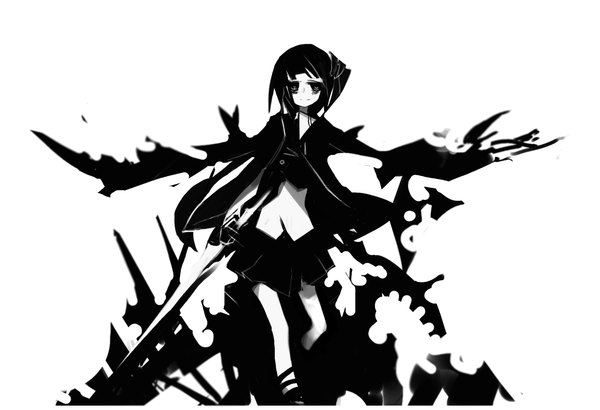 Anime picture 2192x1498 with original kiku (kicdoc) single looking at viewer highres short hair black hair simple background white background light smile monochrome girl hair ornament weapon sword jacket cape