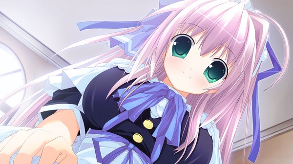 Anime picture 1280x720 with tiny dungeon (game) rosebleu note rumu long hair wide image green eyes pink hair game cg maid girl