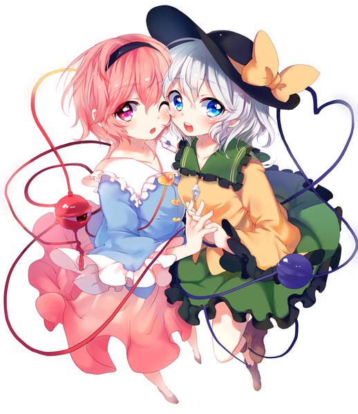 Anime picture 1500x1735 with touhou komeiji koishi komeiji satori paragasu (parags112) tall image looking at viewer blush short hair open mouth blue eyes simple background white background multiple girls pink hair silver hair one eye closed pink eyes from above holding hands leg lift (legs lift)