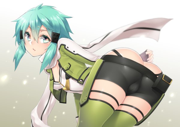 Anime picture 3507x2480 with sword art online a-1 pictures asada shino fuya (tempupupu) single looking at viewer blush fringe highres short hair open mouth light erotic simple background hair between eyes absurdres cleavage ass aqua eyes aqua hair leaning