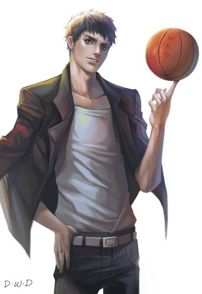 Anime picture 1300x1890 with slam dunk (series) mitsui hisashi dantewontdie single tall image short hair simple background brown hair white background signed hand on hip boy belt pants suit ball basketball ball