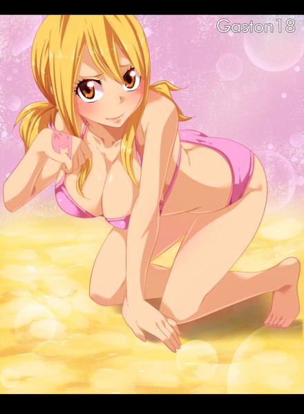 Anime picture 960x1309 with fairy tail lucy heartfilia tongasart single long hair tall image looking at viewer blush breasts light erotic blonde hair large breasts sitting twintails bare shoulders brown eyes signed cleavage barefoot light smile