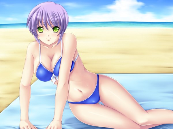 Anime picture 1200x900 with original hayami kyuuen single looking at viewer short hair green eyes purple hair beach girl navel swimsuit bikini sea