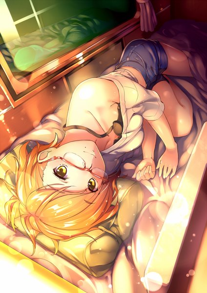 Anime picture 600x848 with original ryuji (ikeriu) single tall image looking at viewer short hair blonde hair yellow eyes bent knee (knees) lying on side reflection girl glasses shorts bed mirror