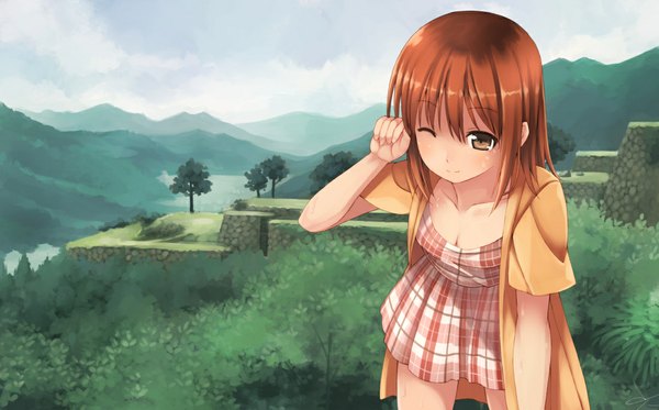 Anime picture 1100x685 with original akatsuki miho kouno hikaru single short hair wide image brown eyes sky cloud (clouds) one eye closed wink orange hair mountain girl dress plant (plants) tree (trees)