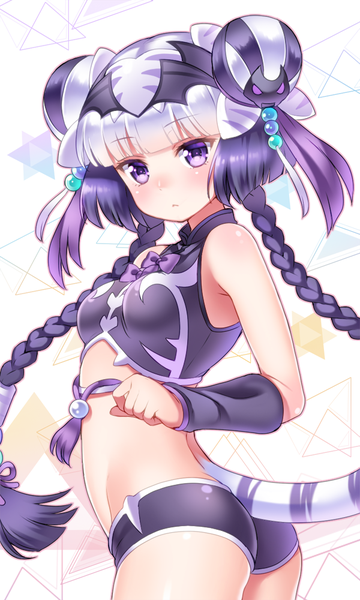 Anime picture 600x1000 with puzzle & dragons haku (p&d) shouni (sato3) single long hair tall image blush fringe breasts light erotic purple eyes silver hair purple hair ass tail animal tail looking back multicolored hair embarrassed girl