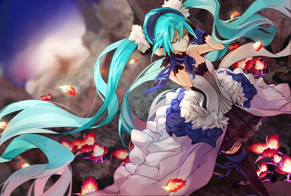 Anime picture 1184x800 with 7th dragon 2020 vocaloid hatsune miku guuza single twintails eyes closed very long hair aqua hair hands on head girl thighhighs dress flower (flowers) ribbon (ribbons) petals headphones