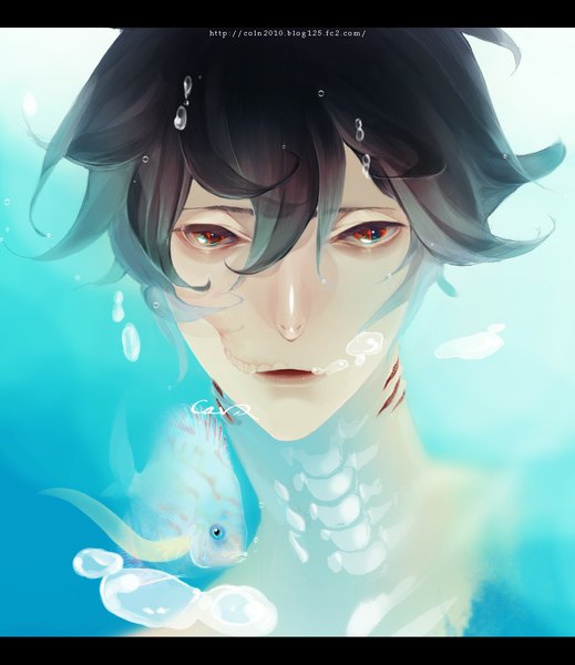 Anime picture 1022x1181 with coln single tall image looking at viewer short hair open mouth black hair red eyes signed face underwater bone (bones) gills boy water bubble (bubbles) fish (fishes) cyborg