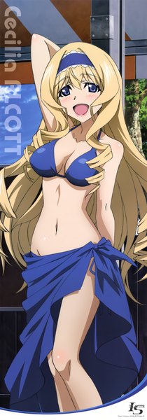 Anime picture 2000x5716 with infinite stratos 8bit cecilia orcott single long hair tall image blush highres breasts blue eyes light erotic blonde hair drill hair girl navel swimsuit bikini hairband pareo