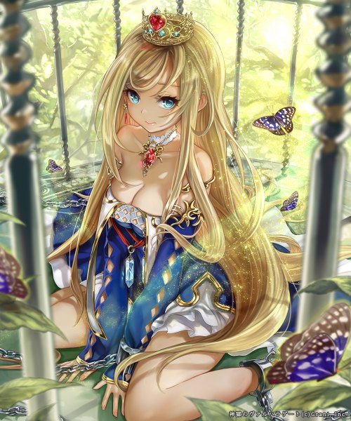 Anime-Bild 1000x1200 mit shingoku no valhalla gate pisuke single tall image looking at viewer breasts blue eyes blonde hair cleavage very long hair girl dress pendant insect butterfly chain crown cage