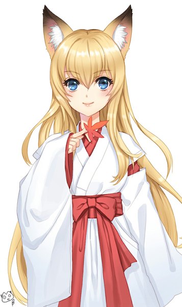 Anime picture 600x1007 with wagaya no oinari-sama zexcs tenko kuugen briska single long hair tall image looking at viewer blush simple background blonde hair smile white background animal ears traditional clothes fox ears fox girl miko girl