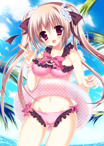 Anime picture 1488x2088 with original moe2014 himemiya niina single long hair tall image looking at viewer blush open mouth light erotic brown hair purple eyes twintails sky cloud (clouds) girl swimsuit bikini frills swim ring