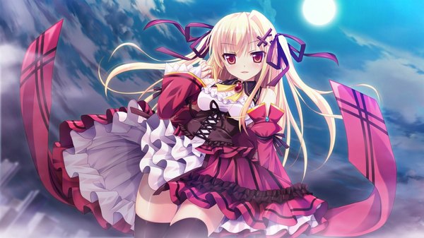 Anime picture 1024x576 with hanayome to maou celica tepes lunatica single long hair looking at viewer blush open mouth blonde hair red eyes wide image game cg sky cloud (clouds) night girl dress detached sleeves moon x hair ornament