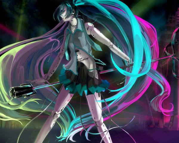 Anime picture 1280x1024 with vocaloid hatsune miku kiemu rii single very long hair multicolored hair aqua eyes girl skirt microphone wire (wires) doll (dolls) microphone stand speakers android