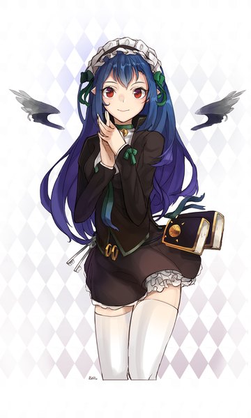 Anime picture 1000x1667 with dungeon and fighter nellen single long hair tall image looking at viewer blush fringe smile red eyes blue hair purple hair multicolored hair pointy ears gradient hair black wings girl thighhighs white thighhighs wings