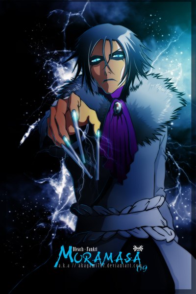 Anime picture 1000x1500 with bleach studio pierrot muramasa (bleach) akagami707 single tall image short hair blue eyes blue hair fingernails inscription night night sky coloring magic long fingernails boy fur star (stars)