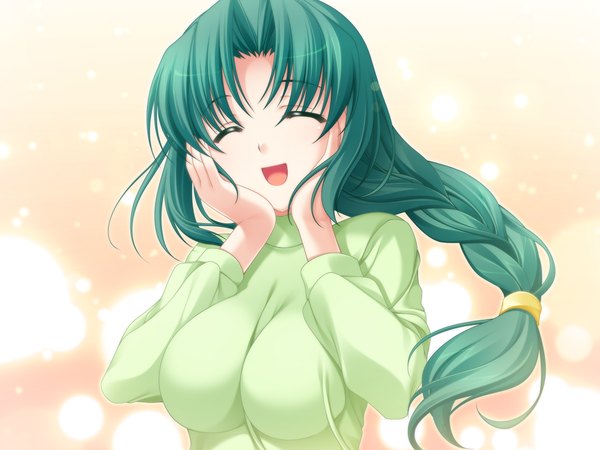 Anime picture 1600x1200 with tasogare no saki ni noboru ashita odawara hakone long hair open mouth game cg braid (braids) eyes closed green hair girl dress