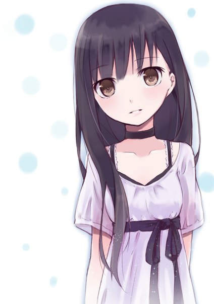 Anime picture 566x800 with original kyuri single long hair tall image looking at viewer blush fringe black hair standing white background brown eyes parted lips short sleeves polka dot polka dot background girl dress bow choker