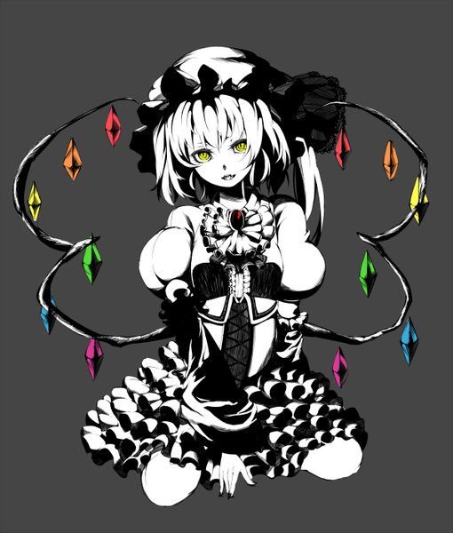 Anime picture 1200x1411 with touhou flandre scarlet hukuhi (artist) single tall image short hair yellow eyes white hair nail polish girl dress wings bonnet