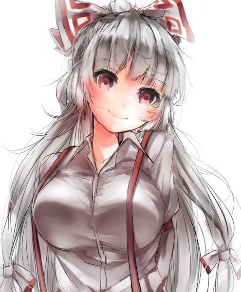 Anime picture 1551x1878 with touhou fujiwara no mokou yozakura retei single long hair tall image looking at viewer blush fringe simple background smile red eyes white background silver hair hands behind back girl bow hair bow shirt suspenders
