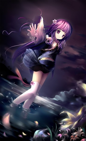 Anime picture 1500x2437 with single long hair tall image purple eyes purple hair hair flower wind loli girl thighhighs hair ornament flower (flowers) white thighhighs water