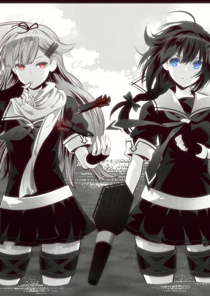 Anime picture 620x874 with kantai collection shigure destroyer yuudachi destroyer kuso bba long hair tall image fringe blue eyes red eyes multiple girls looking away sky cloud (clouds) ahoge braid (braids) pleated skirt wind partially submerged monochrome remodel (kantai collection)