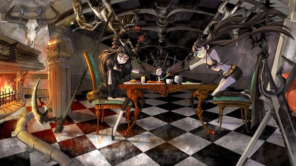 Anime picture 1920x1080 with black rock shooter black rock shooter (character) dead master long hair highres blue eyes black hair wide image twintails multiple girls nail polish horn (horns) midriff orange eyes eating checkered floor battle bone (bones) girl dress