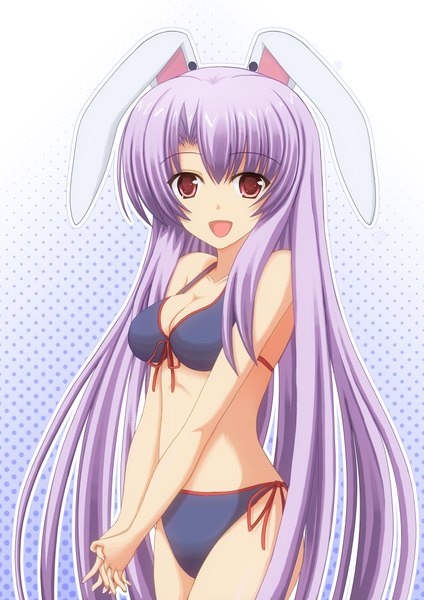Anime picture 2893x4092 with touhou reisen udongein inaba nama gusa (artist) single long hair tall image highres open mouth light erotic simple background red eyes absurdres purple hair bunny ears bunny girl girl swimsuit bikini side-tie bikini