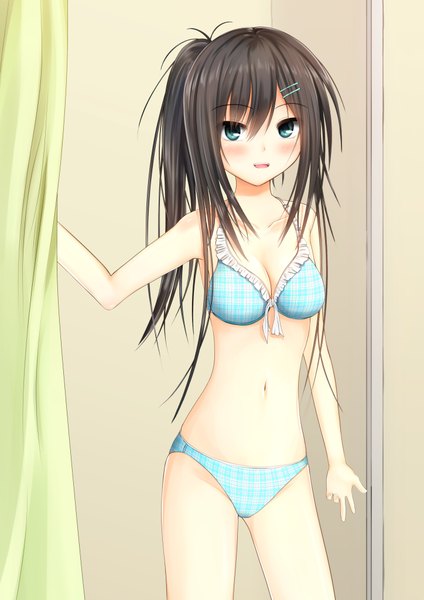 Anime picture 1447x2046 with original kurokami (kurokaminohito) single long hair tall image looking at viewer blush open mouth blue eyes light erotic black hair ponytail girl navel swimsuit bikini plaid bikini