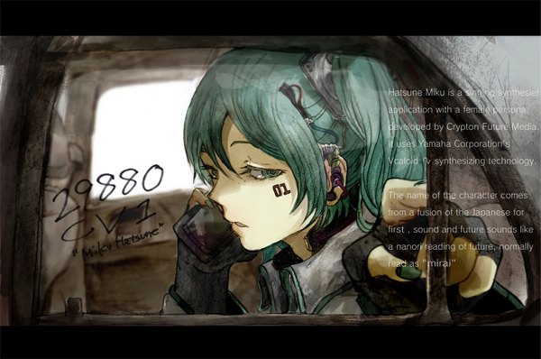 Anime picture 1433x952 with vocaloid hatsune miku long hair looking away aqua eyes aqua hair inscription girl fingerless gloves wire (wires) phone