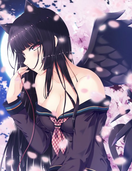 Anime picture 2480x3200 with original a1q2sw single long hair tall image blush highres breasts light erotic black hair red eyes bare shoulders animal ears cleavage tail animal tail cat ears cat tail cherry blossoms girl