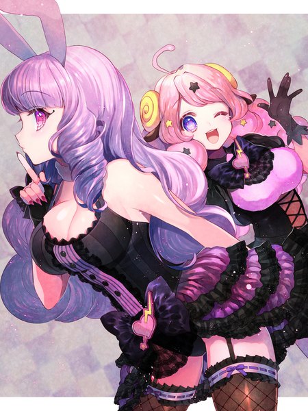 Anime picture 630x841 with show by rock!! studio bones chuchu (show by rock!!) moa (show by rock!!) momoshiki tsubaki long hair tall image looking at viewer blush breasts open mouth light erotic smile large breasts purple eyes bare shoulders multiple girls animal ears pink hair cleavage