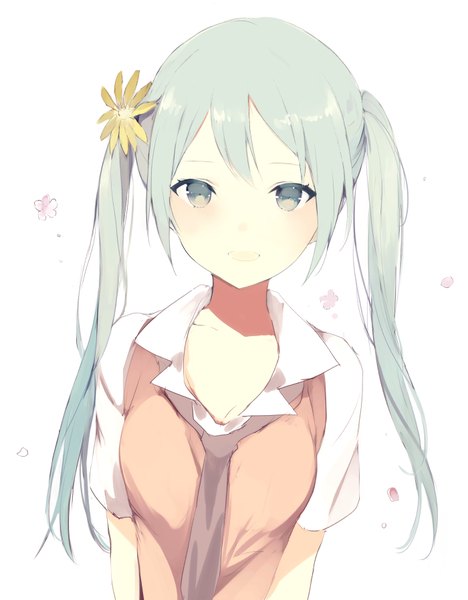 Anime picture 700x896 with vocaloid hatsune miku lpip single long hair tall image looking at viewer blush fringe breasts open mouth simple background white background twintails cleavage upper body :d hair flower aqua eyes aqua hair