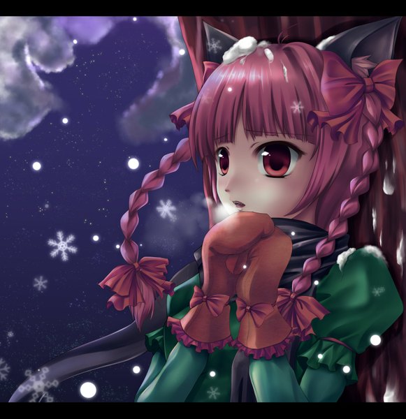 Anime picture 1570x1620 with touhou kaenbyou rin k-sk style single long hair tall image open mouth red eyes animal ears red hair braid (braids) cat ears winter snow exhalation girl scarf snowflake (snowflakes) mittens