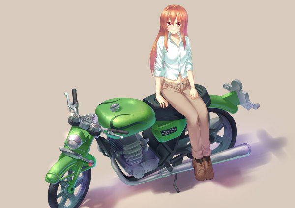 Anime picture 1200x848 with original ese shinshi single long hair looking at viewer simple background brown hair sitting brown eyes girl shirt motorcycle