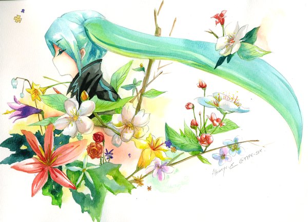 Anime picture 3084x2226 with vocaloid hatsune miku akuryo.x (artist) single long hair highres simple background white background twintails signed absurdres eyes closed profile aqua hair traditional media watercolor (medium) girl flower (flowers) rose (roses) leaf (leaves)