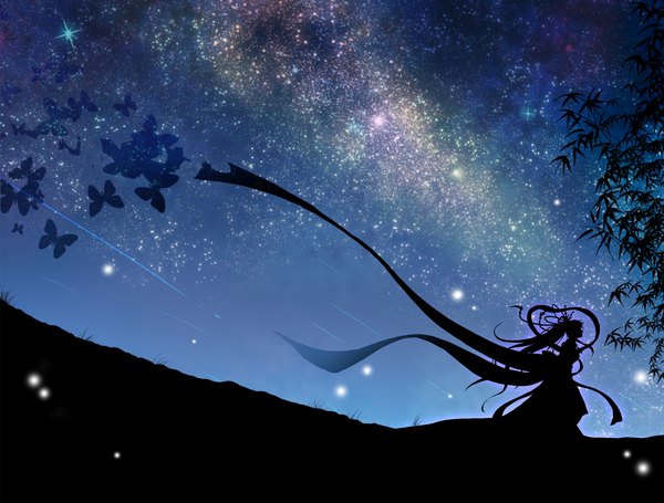 Anime picture 1991x1510 with vocaloid hatsune miku mokoppe single long hair highres sky ponytail very long hair night sky scenic silhouette girl leaf (leaves) insect butterfly star (stars) fireflies