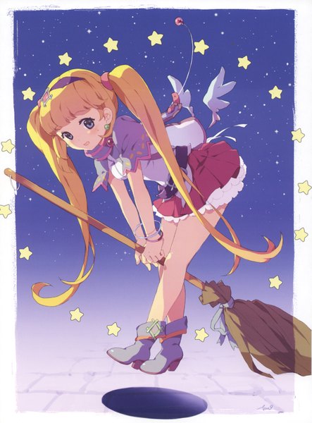 Anime picture 2219x3004 with 100 masters of bishojo painting (artbook) tiru (artist) single long hair tall image blush highres open mouth blonde hair twintails shadow sleeveless crossed legs border sweatdrop flying low wings girl ribbon (ribbons) hair ribbon