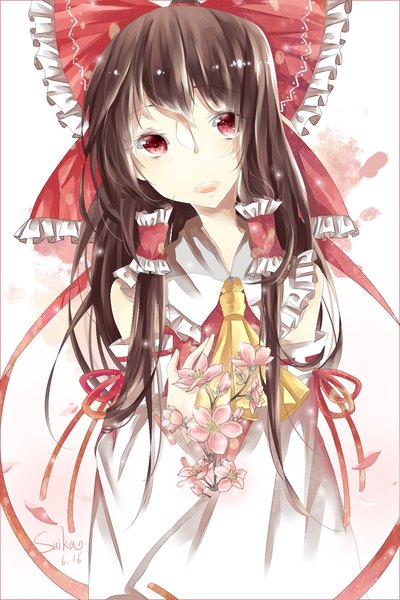 Anime picture 1000x1500 with touhou hakurei reimu suika daze single long hair tall image looking at viewer fringe open mouth red eyes brown hair twintails bare shoulders long sleeves wide sleeves girl flower (flowers) bow ribbon (ribbons) hair bow
